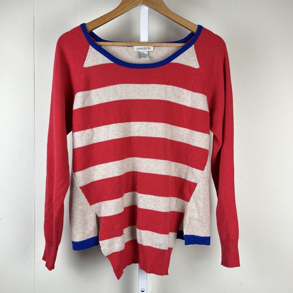 Jamison Sweater Wool Cashmere Blend Red Blue‎ Cream Stripe Womens Medium